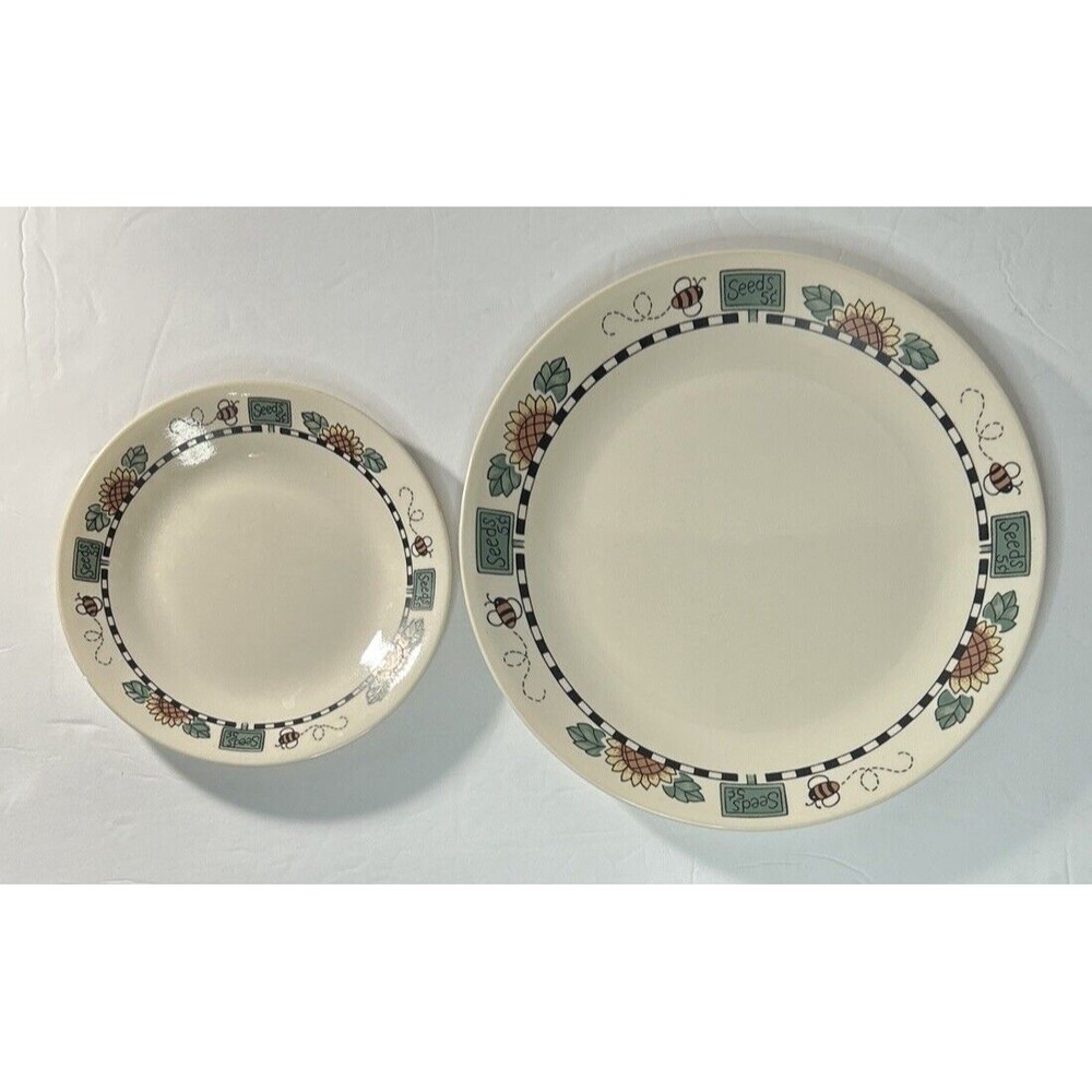 2pcs- Corelle SUNBLOSSOMS 6-3/4” & 10-1/4” Dinner + Desert Plates Bees